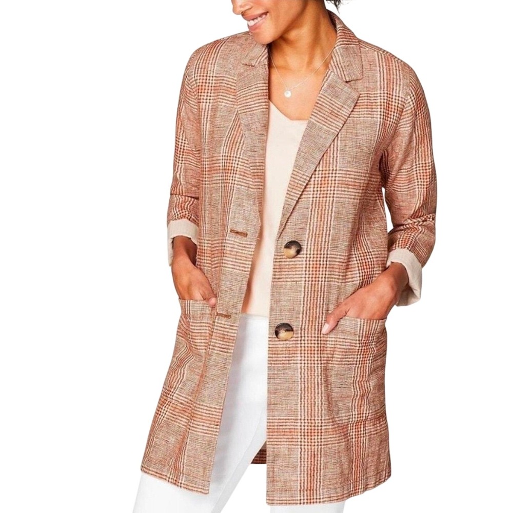 J. Jill Linen Cotton Plaid Blazer Jacket Brown White Size Large Petite L P